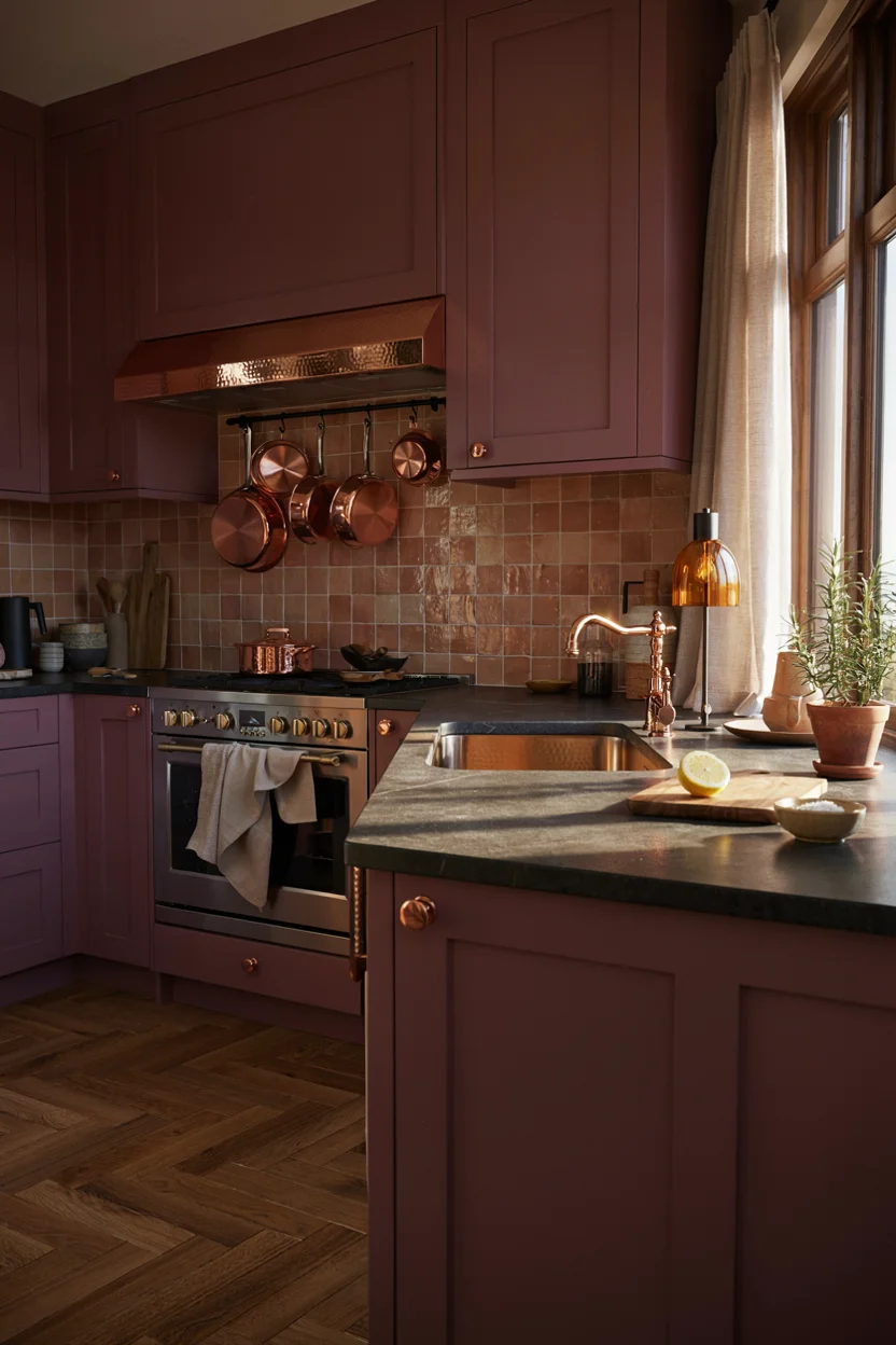 Aubergine Kitchen with Copper Fixtures