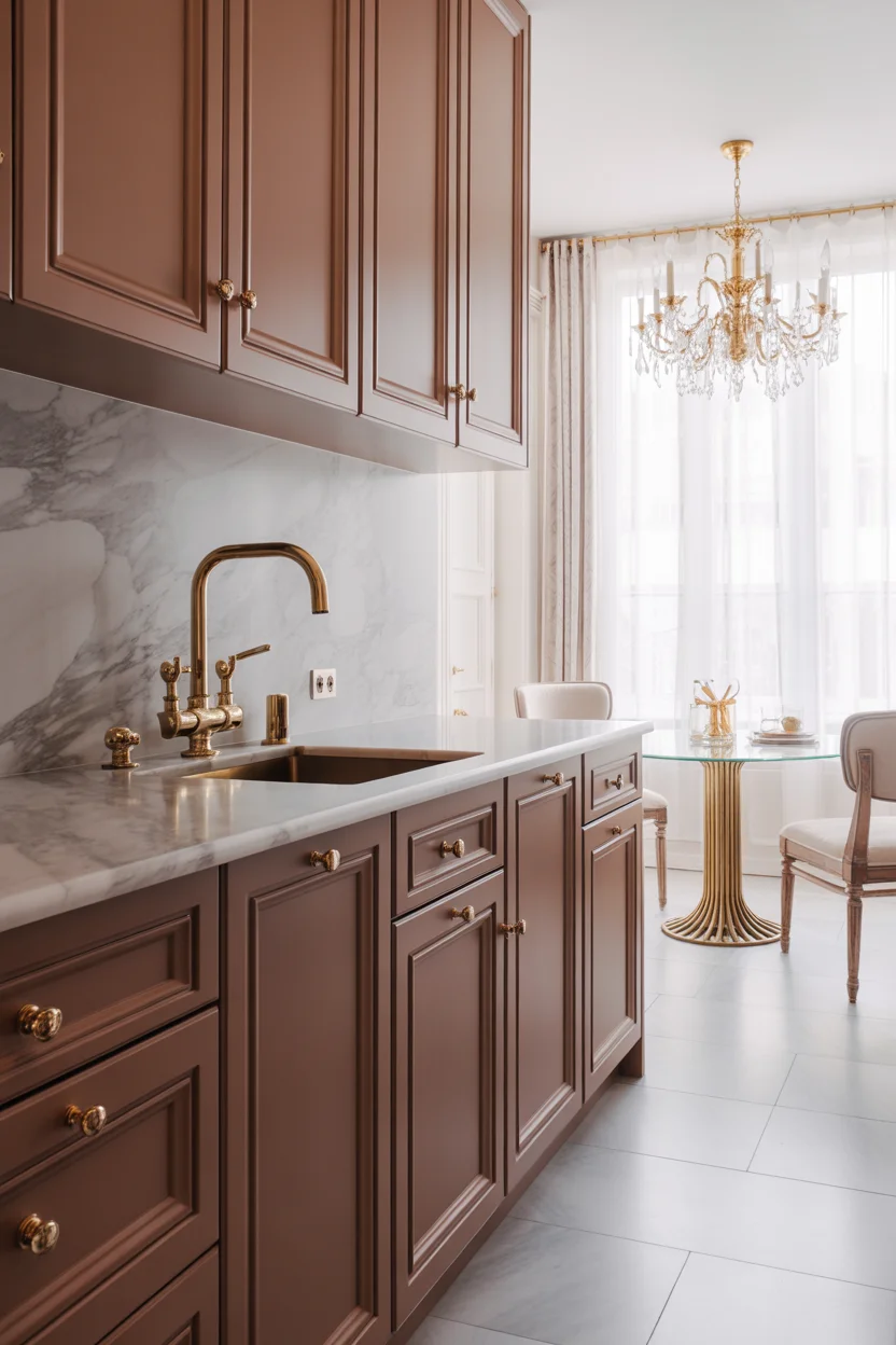 Aubergine Kitchen with Marble Countertops
