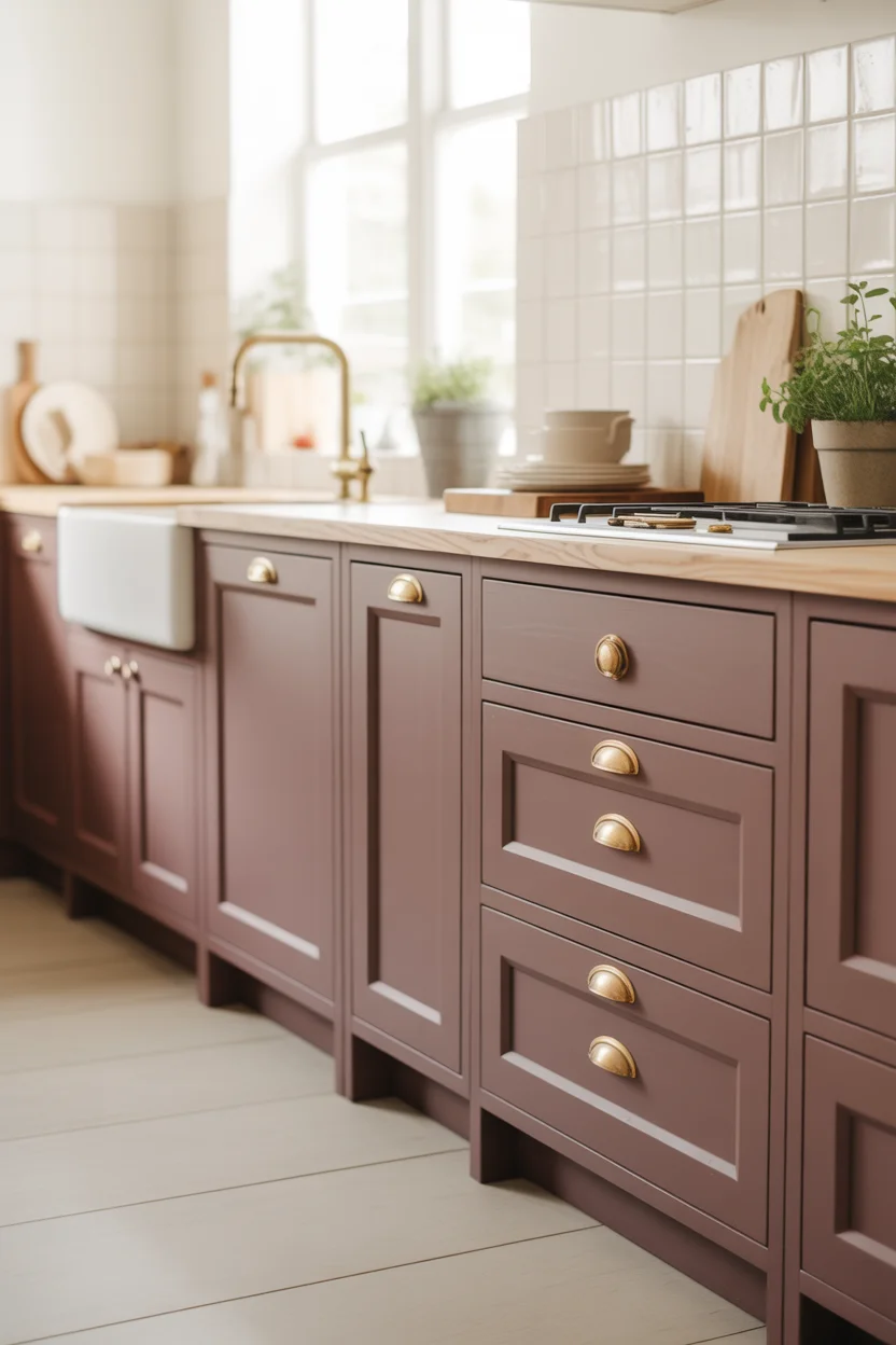 Aubbergine shaker cabinets with brass hardware