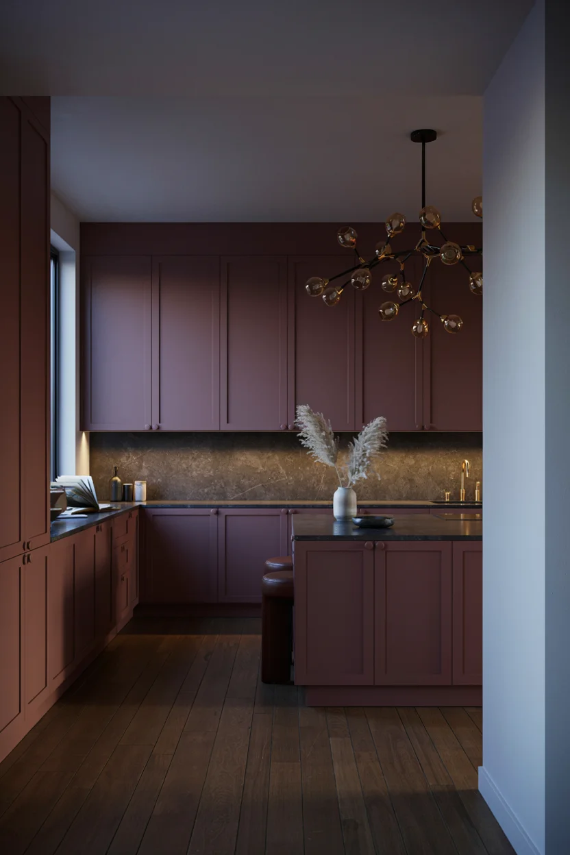 Moody Aubergine Kitchen with Statement Lighting