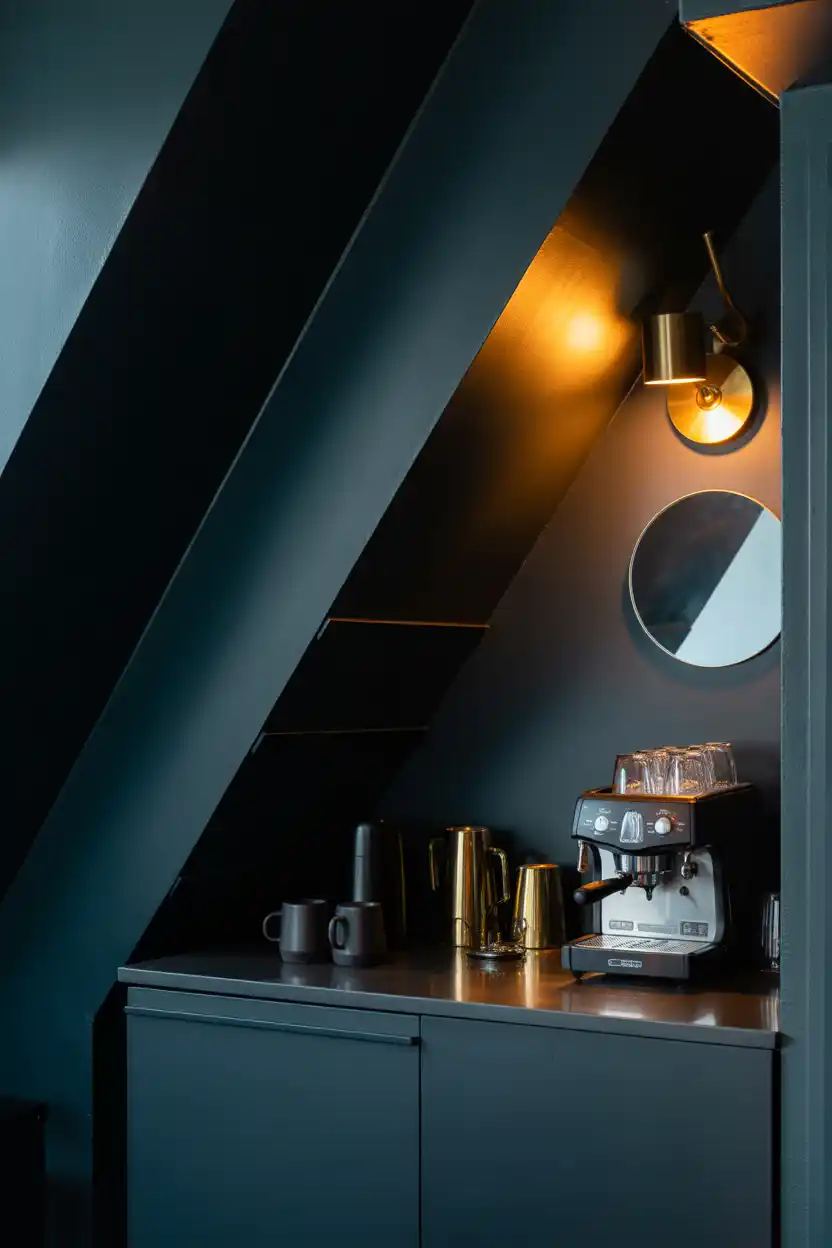 Moody Dark-Walled Under-Stairs Bar