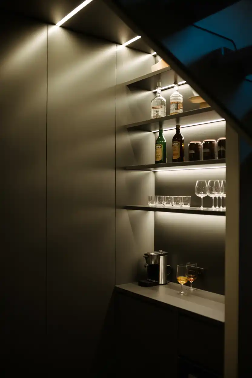 Under-Stairs Bar with Backlit Shelving