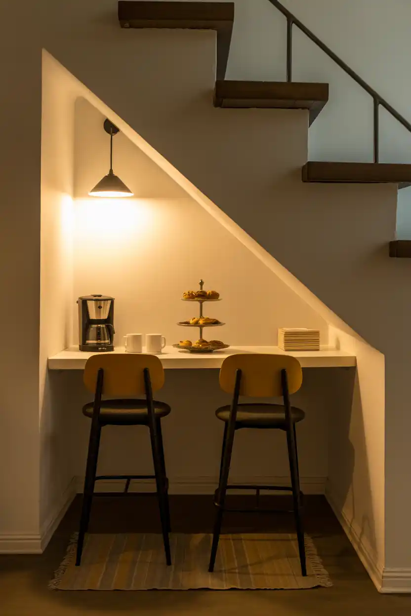 Under-Stairs Coffee Station with Bar Stools